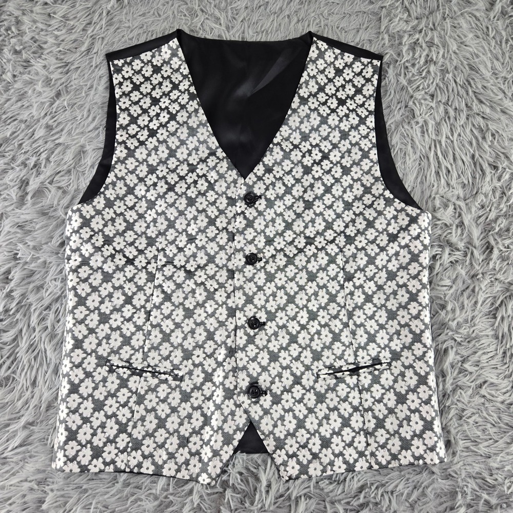 Unbranded Men 20 Black Silver Floral Jacquard Formal Wedding Suit Vest Waistcoat
